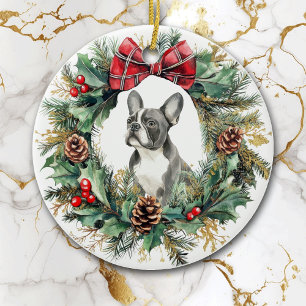 Black White French Bulldog Pine Cone Bow Wreath Ceramic Tree Decoration