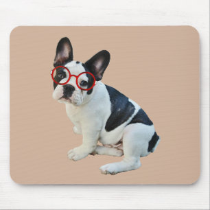 Black & White French Bulldog Wearing Red Glasses Mouse Pad