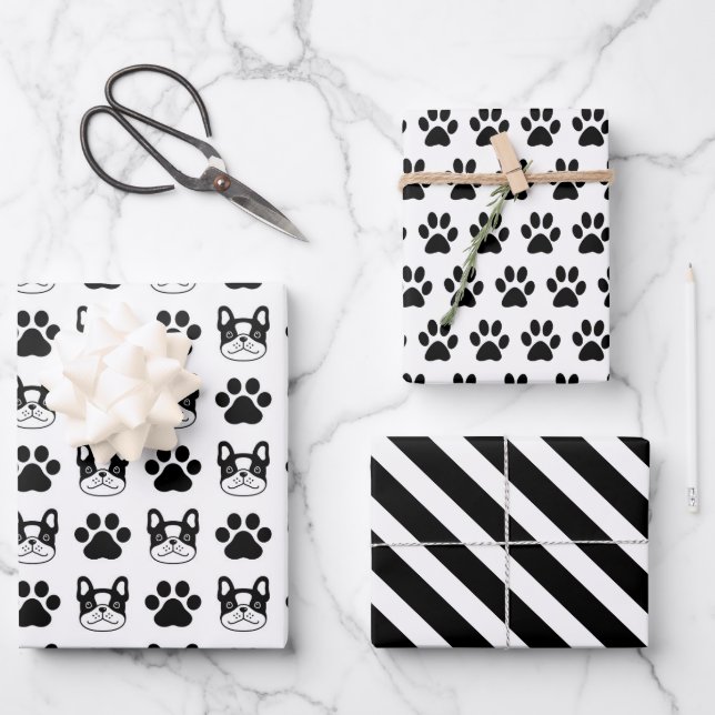 Black White French Bulldog Wrapping Paper Set of 3 (Front)