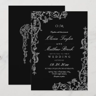 Black & White French  Elegant Floral Wedding Invitation