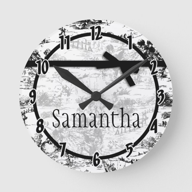 Black White French Fabric Toile Personalised Clock (Front)