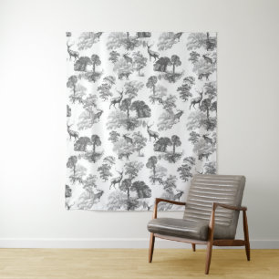 Black White French Toile Deer Fox Forest Pattern Tapestry