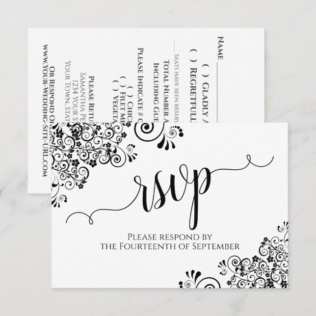 Black & White Frilly Elegant Calligraphy Wedding RSVP Card (Front/Back)