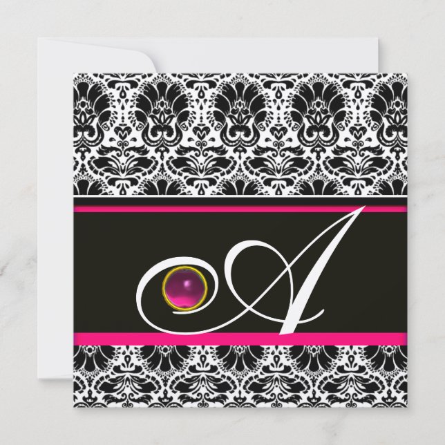 BLACK WHITE FUCHSIA  DAMASK MONOGRAM Amethyst Gold Invitation (Front)