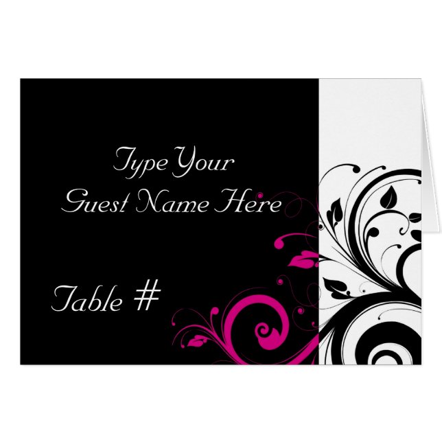 Black, White, Fuchsia Swirl Wedding Place Card (Front Horizontal)