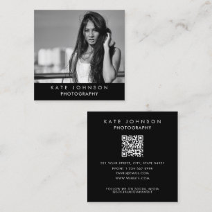 Black & White Full Photo QR Code Social Media Square Business Card