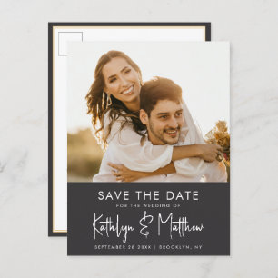 Black & White Fun Script Modern Photo Wedding Save Announcement Postcard