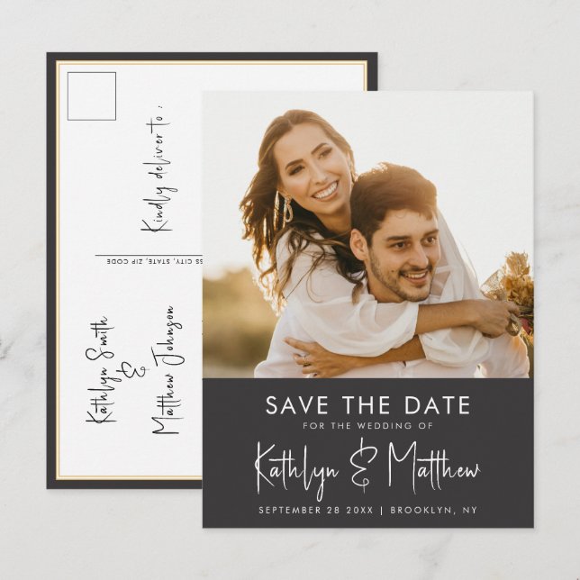 Black & White Fun Script Modern Photo Wedding Save Announcement Postcard (Front/Back)