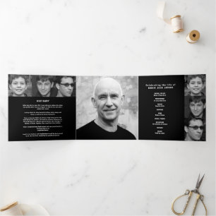 Black white Funeral service mono custom photos Tri-Fold Programme