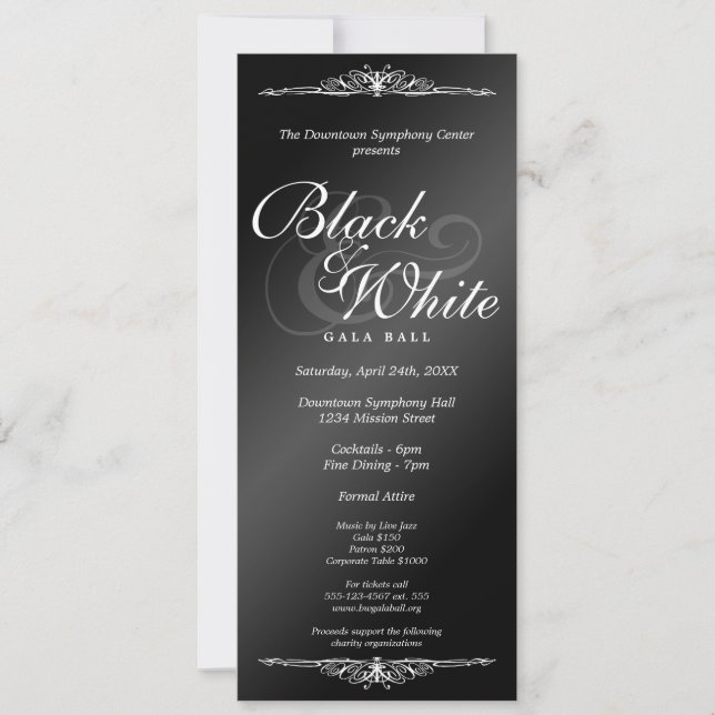 Black & white gala ball dance corporate tea length invitation (Front)