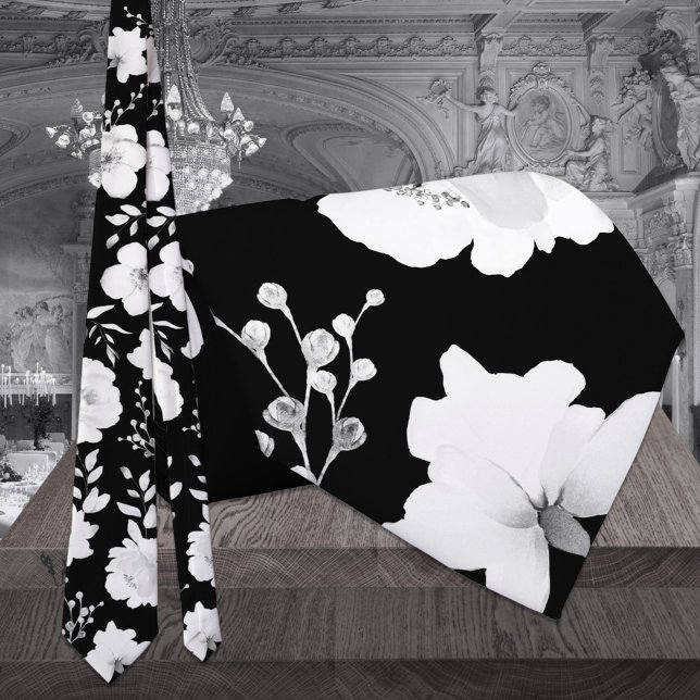 Black & White Garden Peony Wedding Neck Tie (Creator Uploaded)