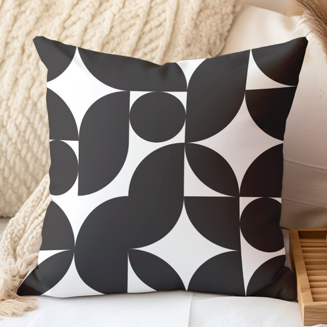 Black White Geometric Abstract Mid Century Modern Cushion (Creator Uploaded)