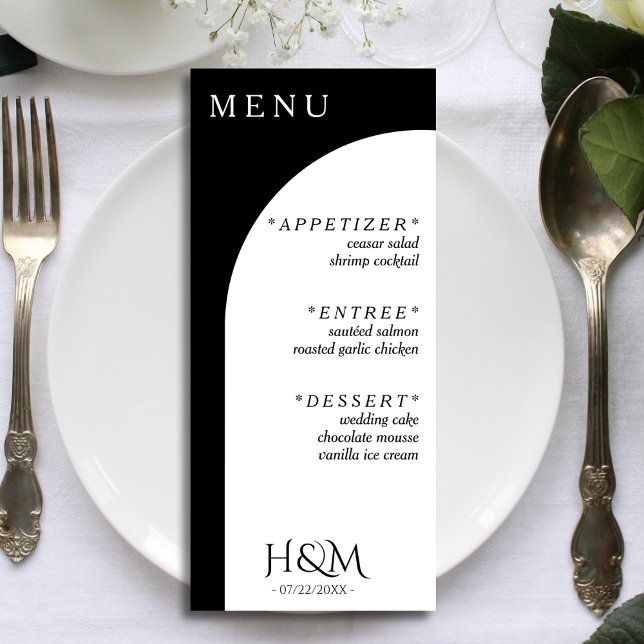 Black & White Geometric Arch Wedding Reception Menu (black and white wedding menu)