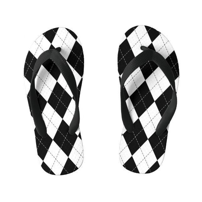 Black White Geometric Argyle Pattern Kid's Jandals (Footbed)