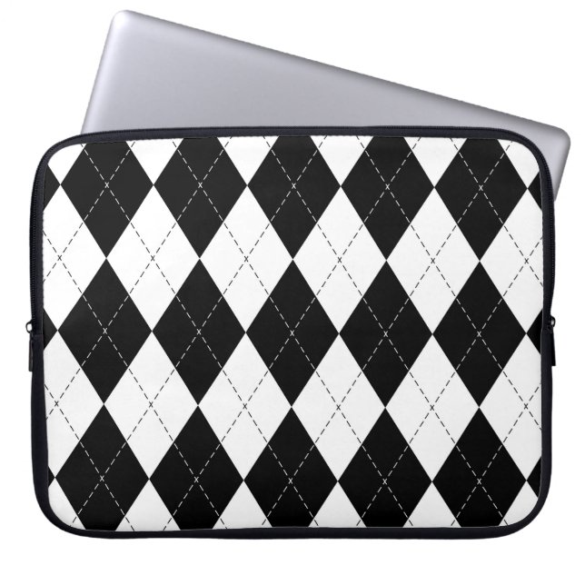Black White Geometric Argyle Pattern Laptop Sleeve (Front)