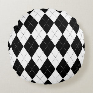 Black White Geometric Argyle Pattern Round Cushion
