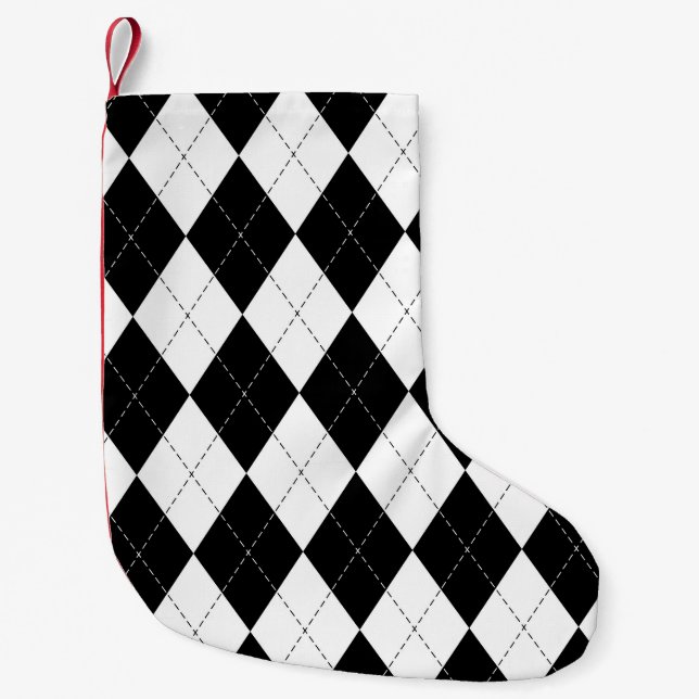 Black White Geometric Argyle Pattern Small Christmas Stocking (Front)