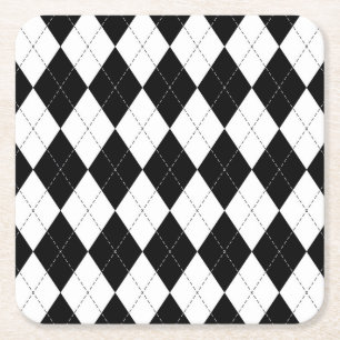 Black White Geometric Argyle Pattern Square Paper Coaster