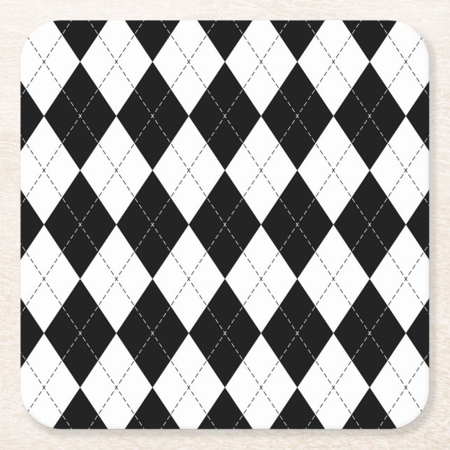 Black White Geometric Argyle Pattern Square Paper Coaster (Front)