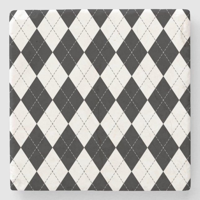 Black White Geometric Argyle Pattern Stone Coaster (Front)