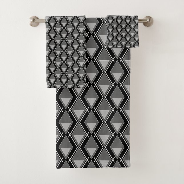 black white geometric art deco print bath towel set (Insitu)