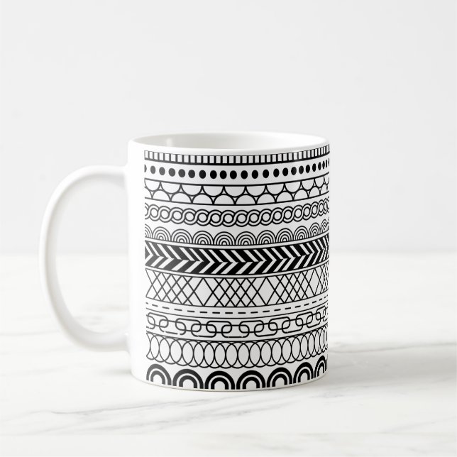 Black & White Geometric Border Sampler Pattern Coffee Mug (Left)