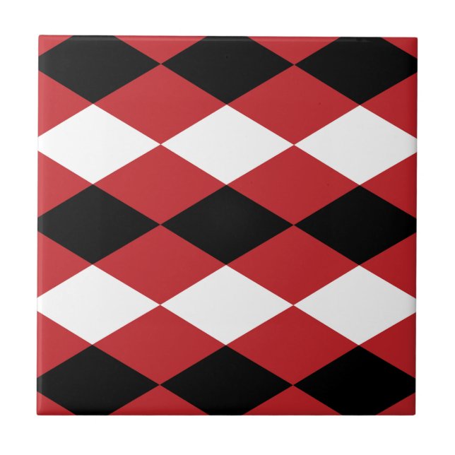 Black White Geometric Diamond On Red Background  Tile (Front)