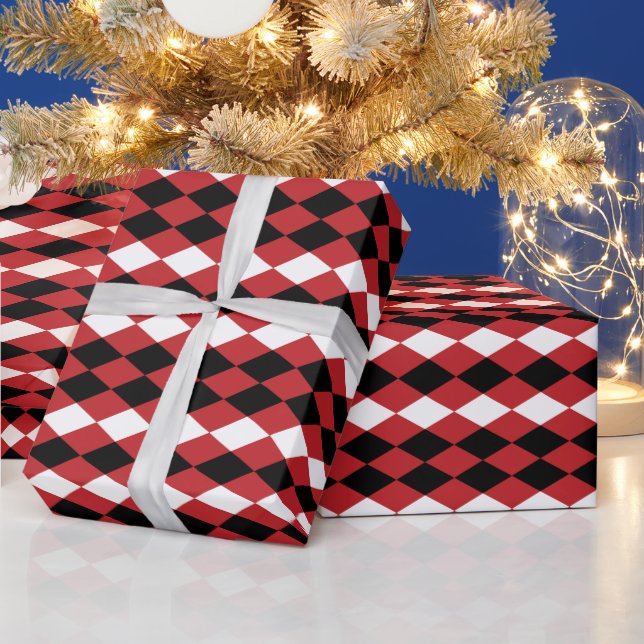 Black White Geometric Diamond On Red Background Wrapping Paper (Holidays)