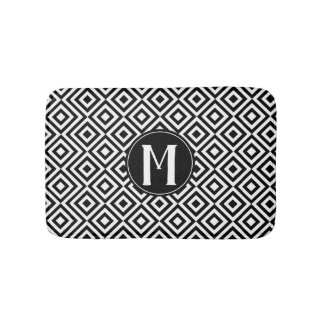 Black & White Geometric Diamond Pattern Monogram Bath Mat