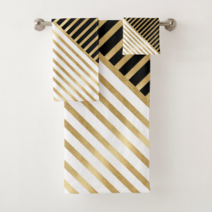 Black White Geometric Gold Stripes Modern Design Bath Towel Set