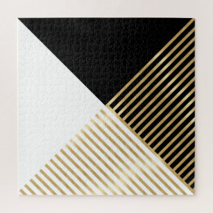 Black White Geometric Gold Stripes Modern Design Jigsaw Puzzle