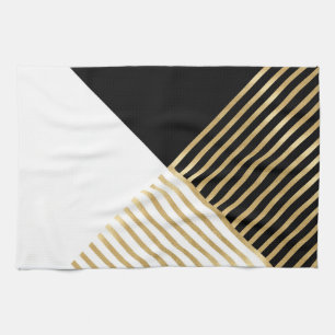 Black White Geometric Gold Stripes Modern Design Tea Towel