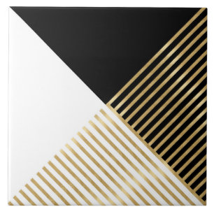 Black White Geometric Gold Stripes Modern Design Tile