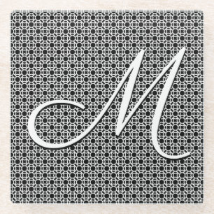 Black & White Geometric Initial Monogram Glass Coaster