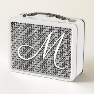 Black & White Geometric Initial Monogram Metal Lunch Box
