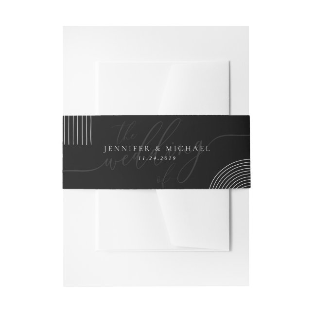 Black White Geometric Line Script Date Wedding Invitation Belly Band (Front Example)