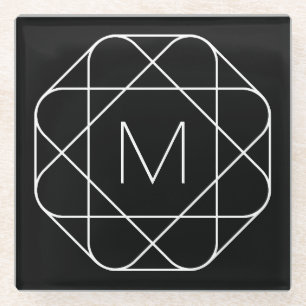 Black & White Geometric Monogram Glass Coaster