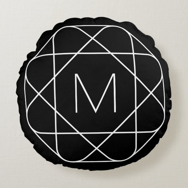 Black & White Geometric Monogram Round Cushion (Front)