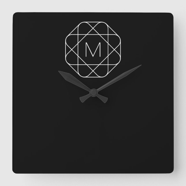 Black & White Geometric Monogram Square Wall Clock (Front)