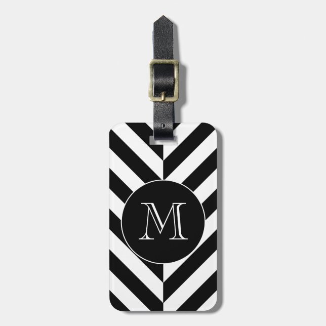 Black White Geometric Pattern Custom Monogram Luggage Tag (Front Vertical)