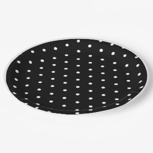 Black White Geometric Polka Dots White Border Paper Plate