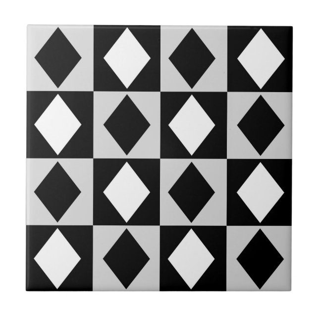 Black White Geometric Rhombus Diamond Tile (Front)