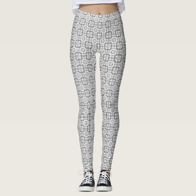 Black & White Geometric Square Print Leggings (Front)