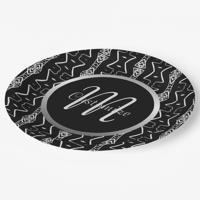 Black & White Geometric Triangles Paper Plates 2 (Angled)