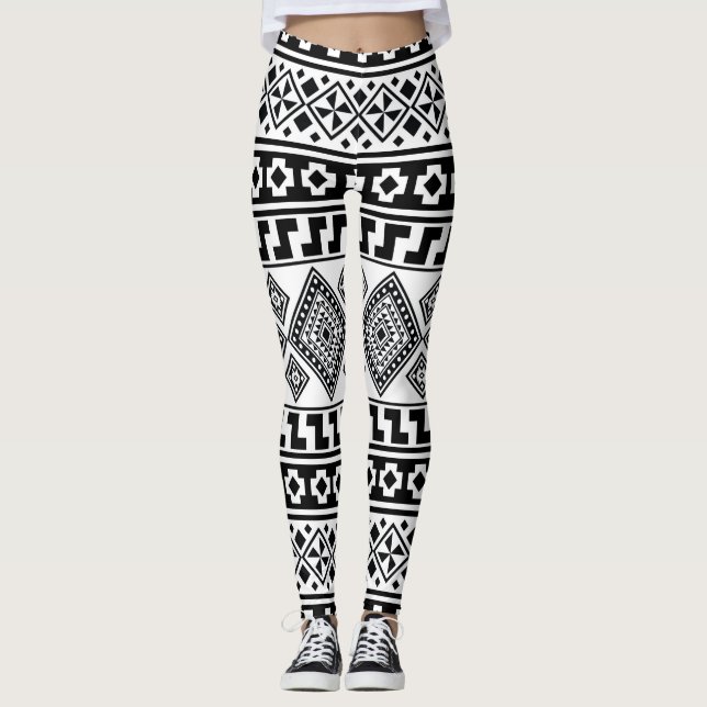 Black White Geometric Tribal Pattern Aztec Boho Leggings (Front)