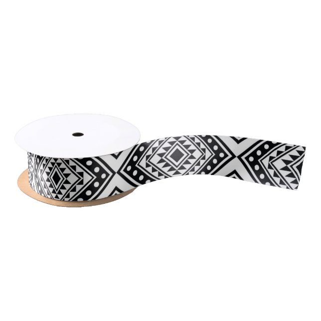 Black White Geometric Tribal Pattern Aztec Boho Satin Ribbon (Spool)