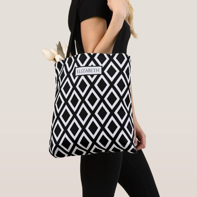 Black white geometrical diamond pattern name tote bag (Close Up)
