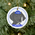 Black & White German Shorthaired Pointer Hanukkah Ceramic Tree Decoration<br><div class="desc">Celebrate your favourite mensch on a bench with personalised ornament! This design features a sweet illustration of a black and white german shorthaired pointer dog with a blue and white yarmulke. For the most thoughtful gifts, pair it with another item from my collection! To see more work and learn about...</div>