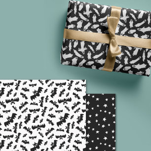 Black White Ghosts Bats Stars Halloween Patterns Wrapping Paper Sheet