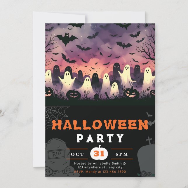 Black & White Ghosts Cemetery Creepy Sky Halloween Invitation (Front)
